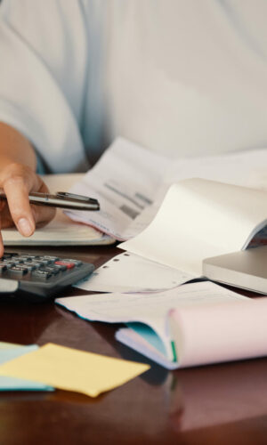 Hands of female entrepreneur working with bills and documents