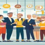 An illustration depicting a diverse group of people (workers, elderly individuals, families) interacting with friendly and professional staff inside a bright, modern office. Icons representing legal, financial, and social services (e.g., a gavel, a euro symbol, a pension graph, a passport) are subtly integrated into the background or around the service desks. The style should be clean, flat design with a professional color palette.