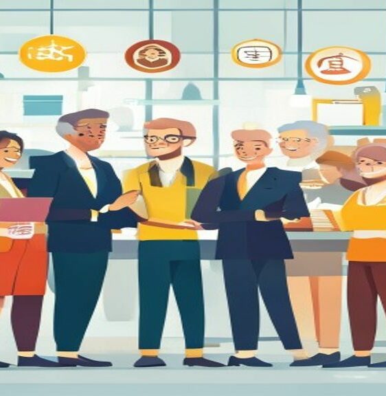 An illustration depicting a diverse group of people (workers, elderly individuals, families) interacting with friendly and professional staff inside a bright, modern office. Icons representing legal, financial, and social services (e.g., a gavel, a euro symbol, a pension graph, a passport) are subtly integrated into the background or around the service desks. The style should be clean, flat design with a professional color palette.