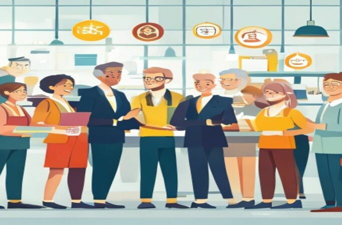 An illustration depicting a diverse group of people (workers, elderly individuals, families) interacting with friendly and professional staff inside a bright, modern office. Icons representing legal, financial, and social services (e.g., a gavel, a euro symbol, a pension graph, a passport) are subtly integrated into the background or around the service desks. The style should be clean, flat design with a professional color palette.