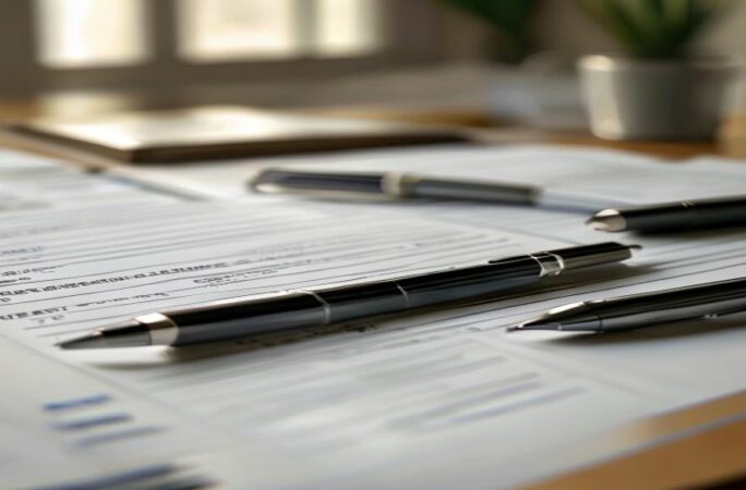 A professional, photorealistic image of Italian tax forms (Modello 730 and Modello Redditi PF) neatly organized on a desk, bathed in soft, natural light. A pen rests on one of the forms, suggesting immediate action. The background is slightly blurred, focusing attention on the documents. The overall tone is clear, organized, and professional, conveying a sense of fiscal responsibility and clarity. Aspect ratio 16:9.